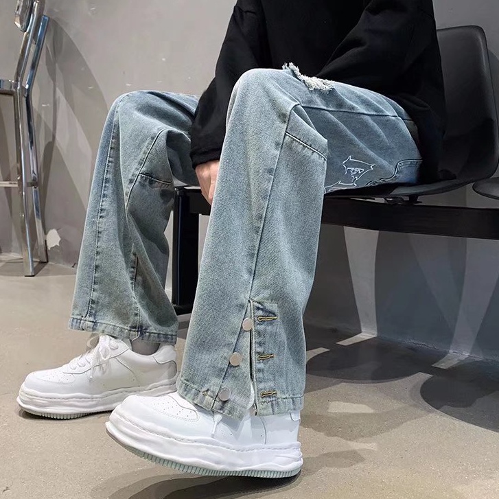 Quần Jean Ống Rộng Xẻ Rách Thêu Chữ Phong Cách Hip Hop Hàn Quốc Thời Trang Cho Nam Và Nữ 2022