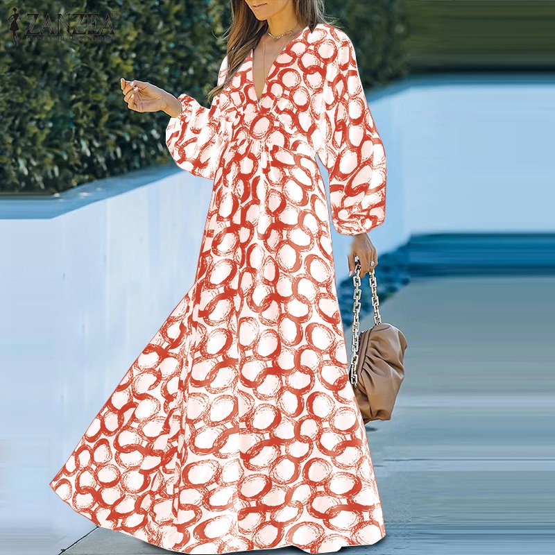 Đầm Zanzea tay dài cổ chữ V phong cách Châu Âu thanh lịch cho nữ