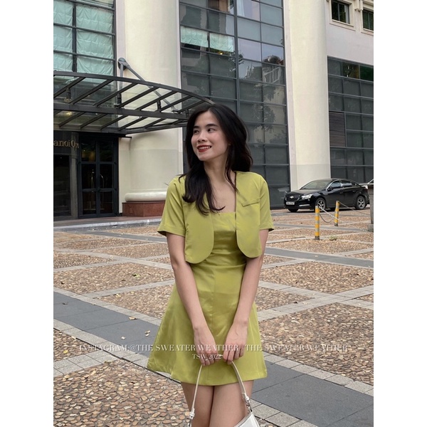 Set váy hai dây minidress kèm áo khoác dáng lửng đệm vai the.sweaterweather TSW (ảnh thật)