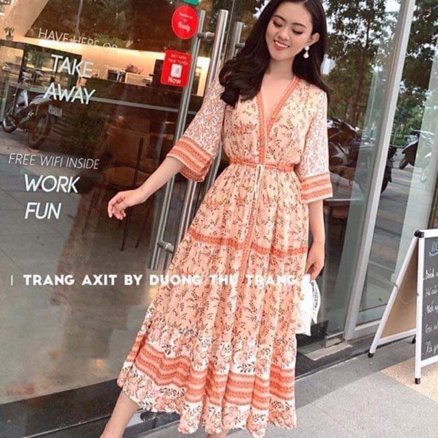 Đầm thổ cẩm dáng dài có rút eo siêu đẹppp ( hình thật )