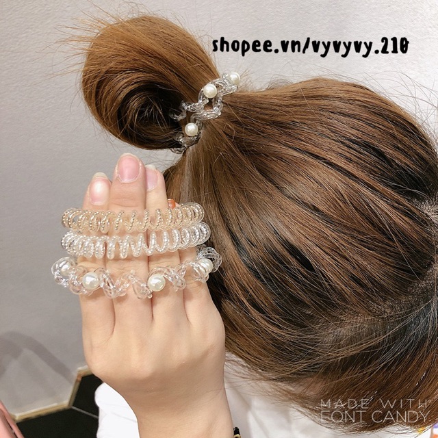 Cột Tóc Lò Xo Trong Suốt Đính Hạt Trai Style Hàn Quốc Đơn Giản, Xinh Xắn