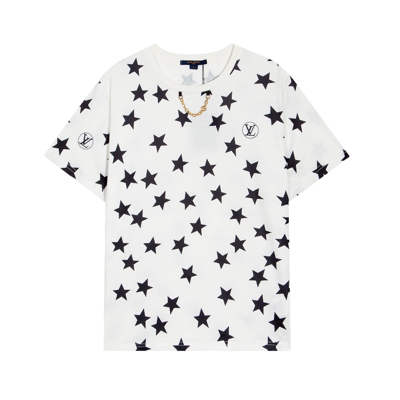 Áo Thun Unisex Ngắn Tay In logo Ngôi Sao Trang Trí Dây Xích Phong Cách Mới
