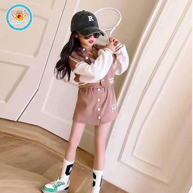 IQ ANGEL Bộ Áo Khoác Bóng Chày Phối Chân Váy Ngắn Kiểu Hàn Quốc Thời Trang Xuân Thu Cho Bé Gái