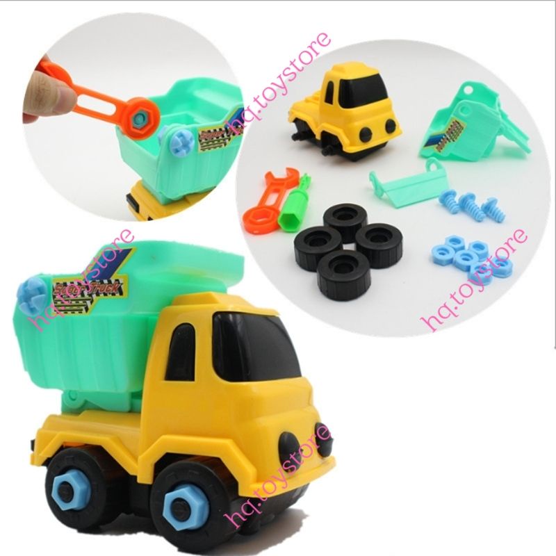 Bộ 6 xe công trình và xe cứu hỏa mô hình tháo lắp thông minh,chạy đà nhựa cao cấp abs