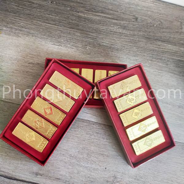 Thỏi vàng cây hộp 5 THANH dày chiêu lộc - vật phẩm thờ cúng.