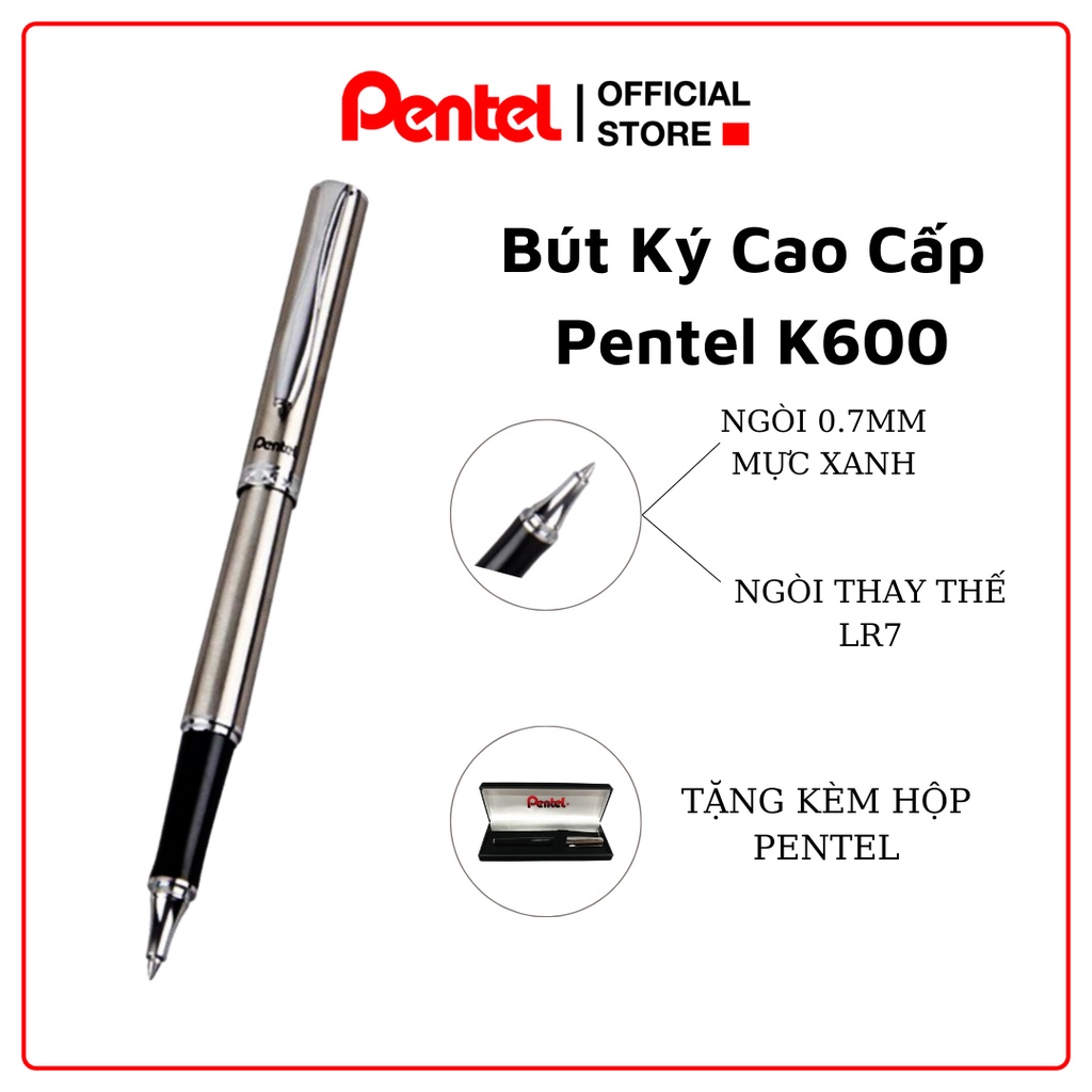 Bút Ký Pentel Cao Cấp K600 Ngòi 0.7mm Mực Xanh | Vò Màu Bạc|Có Ngòi Thay Thế | Mực Mau Khô