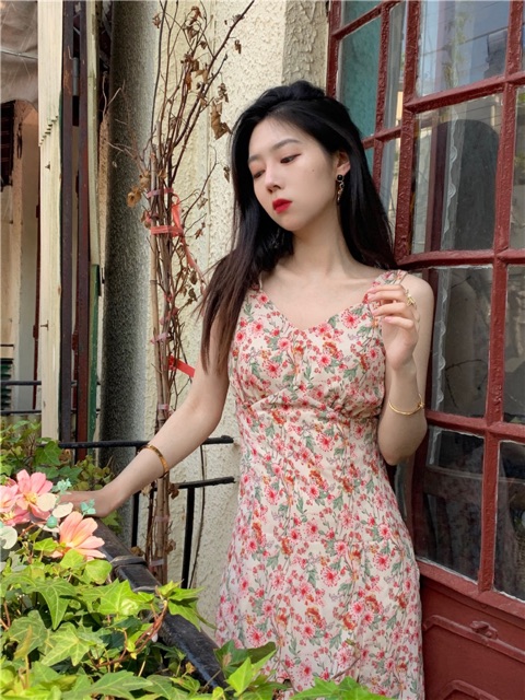 Đầm maxi hoa đuôi cá hai dây xẻ tà (CÓ SẴN) | BigBuy360 - bigbuy360.vn