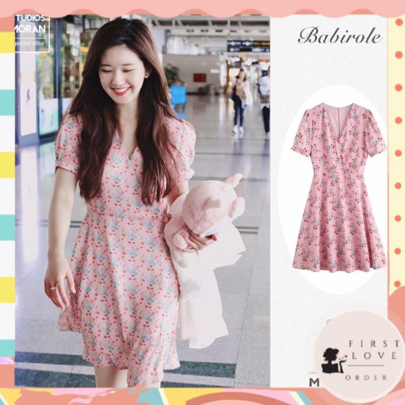 (firstlove ORDER) Váy hoa nhí MORAN cổ V vắt chéo tà thắt nơ eo xòe ngắn style Triệu Lộ Tư 01
