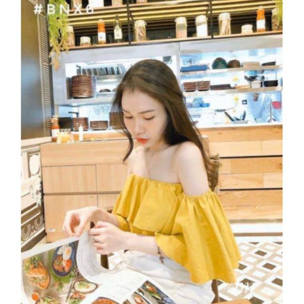 Áo Voan Trễ Vai Bánh Bèo Bẹt Vai Croptop Tay Ngắn Nữ Kiểu Hở Vai Màu Trắng/Đen/Tím Vàng DRACR06 Đẹp * ཾ