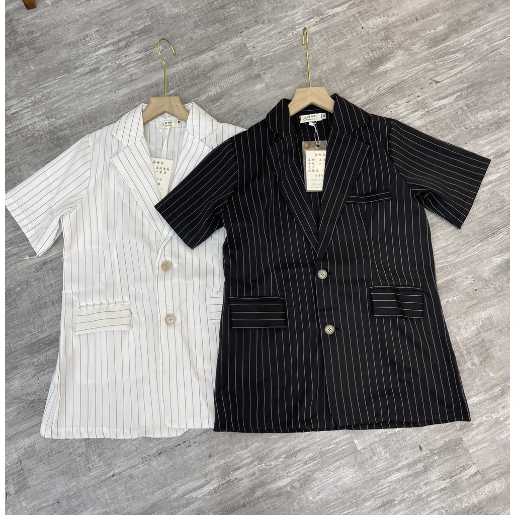 Áo blazer kẻ sọc cộc tay phong cách Hàn Quốc (hình thật/sẵn)