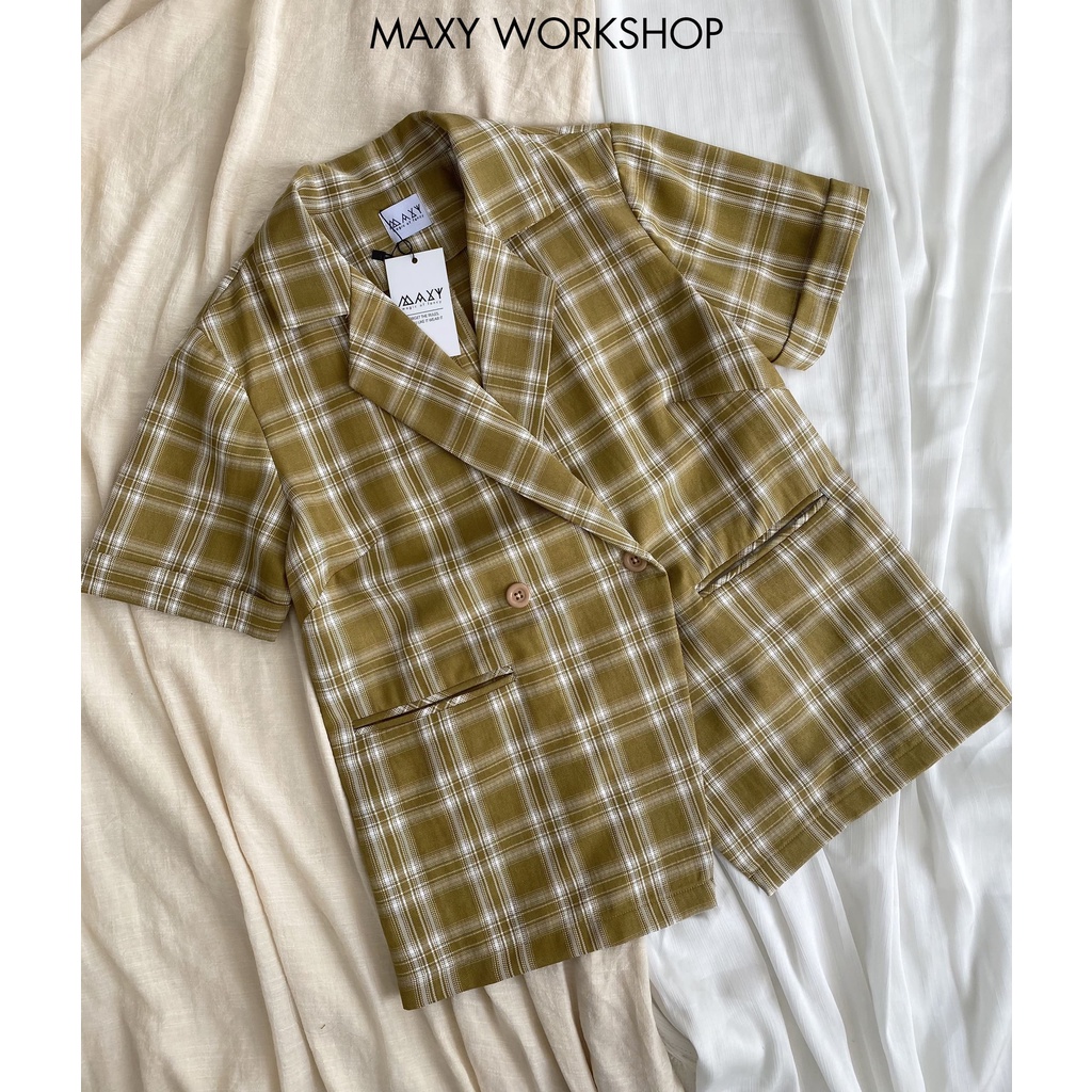 Áo khoác blazer tay ngắn sọc caro vàng yellow caro short blazer Maxy Workshop