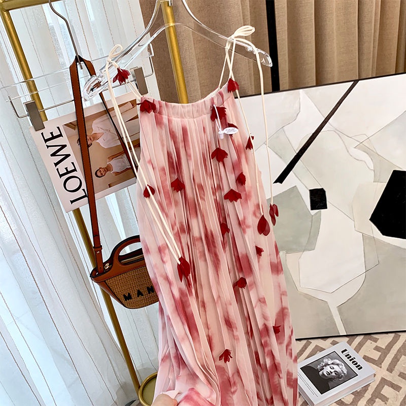 Đầm Chiffon Hai Dây In Họa Tiết Phong Cách Retro Pháp