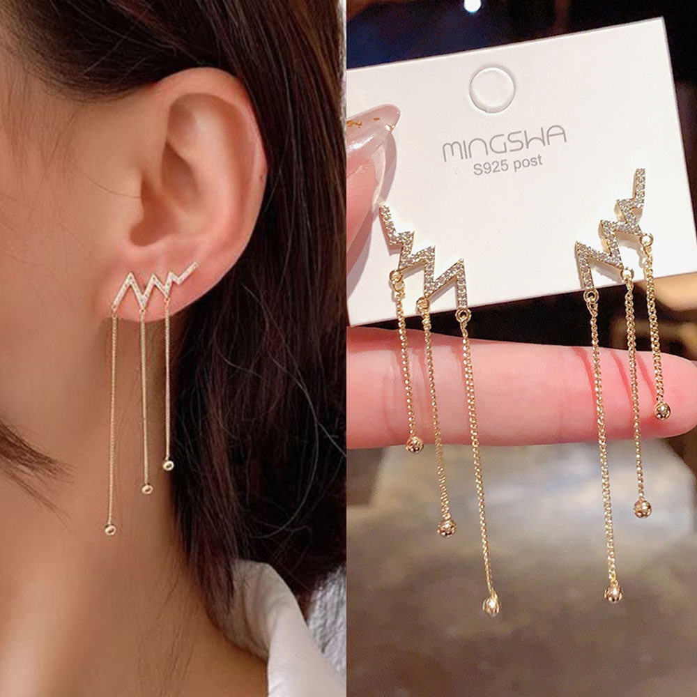 Bông Tai Dáng Dài Đính Đá Pha Lê Hình Tia Chớp Phong Cách Hàn Quốc