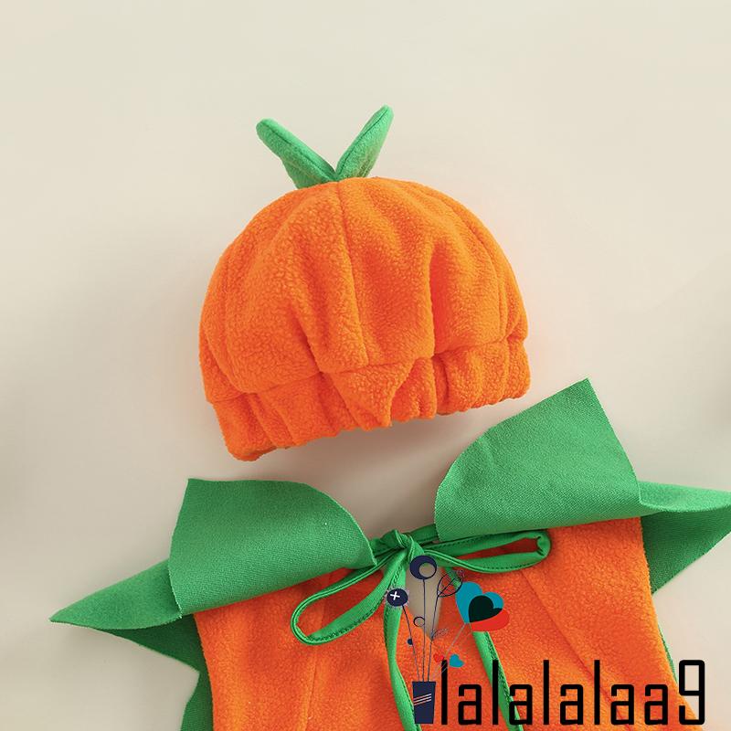 La-baby Set Áo Liền Quần Cổ Tròn Không Tay Hình Bí Ngô + Mũ + Giày Cho Bé