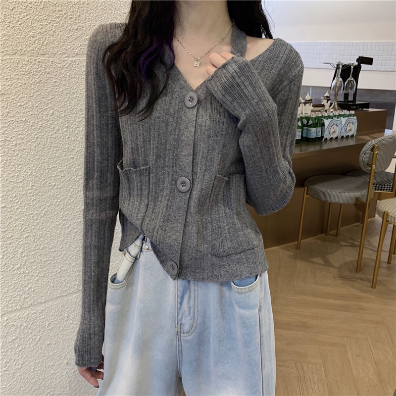 Áo cardigan ZHELIHANGFEI dệt kim tay dài cổ chữ V lưng cao phong cách phương Tây