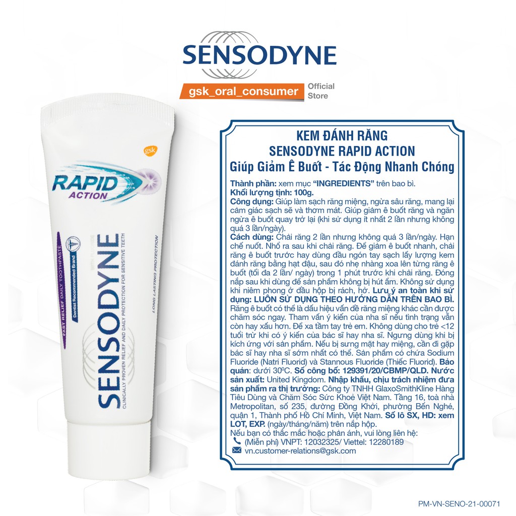 Kem đánh răng giảm ê buốt Sensodyne Rapid Action 100g giảm ê buốt nhanh và bảo vệ lâu dài