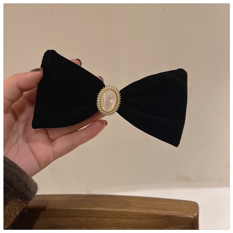 Kẹp Tóc Nơ Nhung Đen Đính Ngọc Trai Phong Cách Retro Cho Nữ