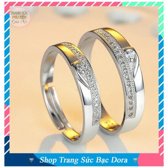 Nhẫn đôi nam nữ nửa trái tim hạt đá NC12, bạc ý S925, giá rẻ THE21
