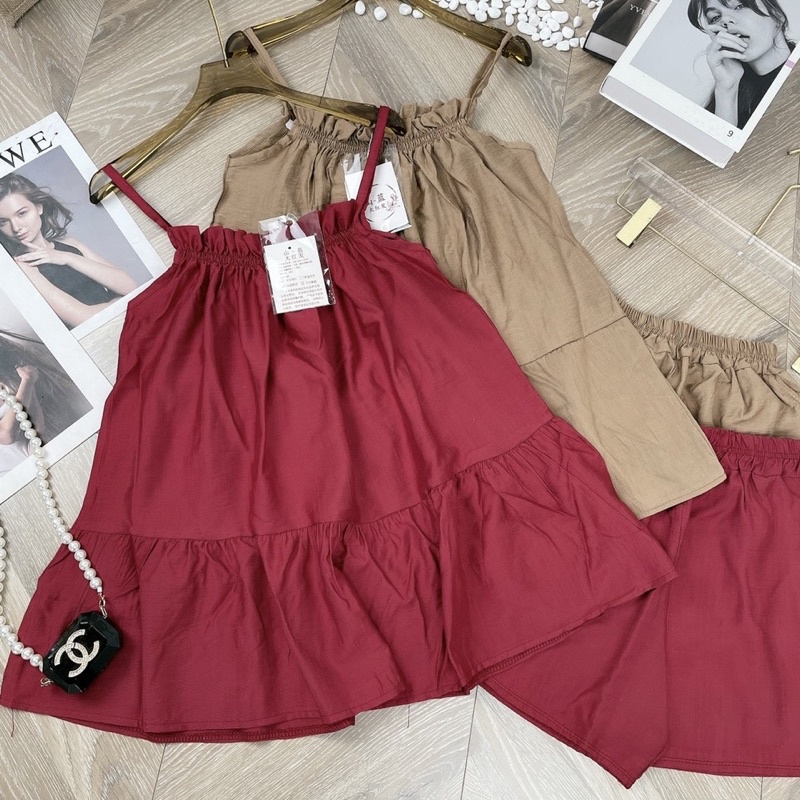Bộ đũi 2 dây dáng xoè chun ngực babydoll dạng váy kèm quần sooc đùi