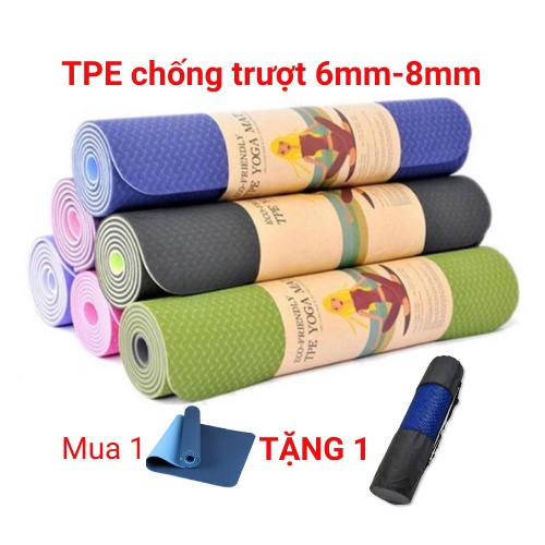 Thảm tập yoga gym chống trượt 2 lớp dày 8mm tặng túi cao su non TPE cao cấp tấm thảm tập gym thể dục tại nhà GYGA