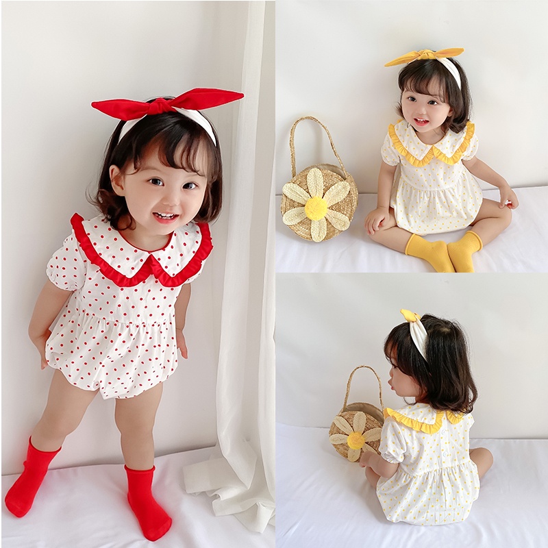 Set Jumpsuit Chấm Bi + Băng Đô Cài Tóc Cho Bé Gái