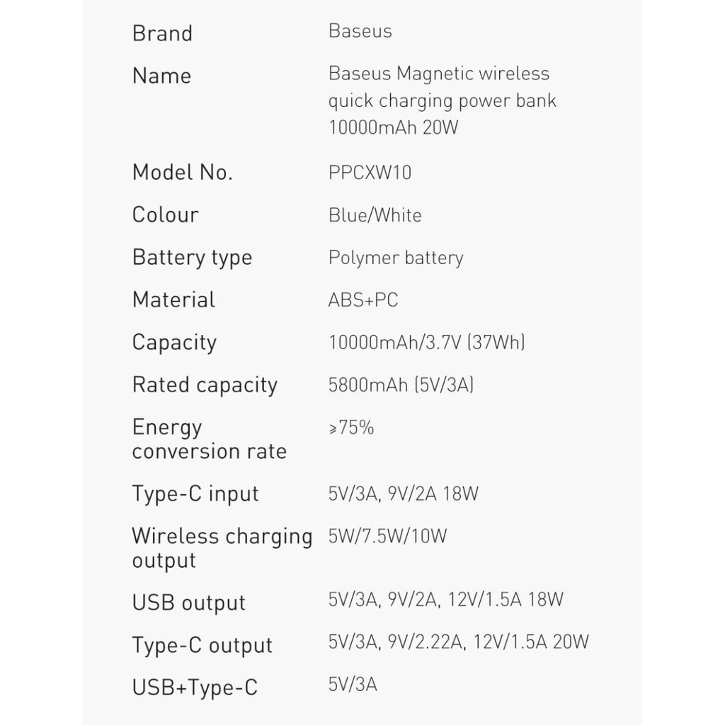 Sạc Dự Phòng Từ Tính Không Dây Baseus 10000mAh PD 20W Cho iPhone 12 Pro Samsung Xiaomi