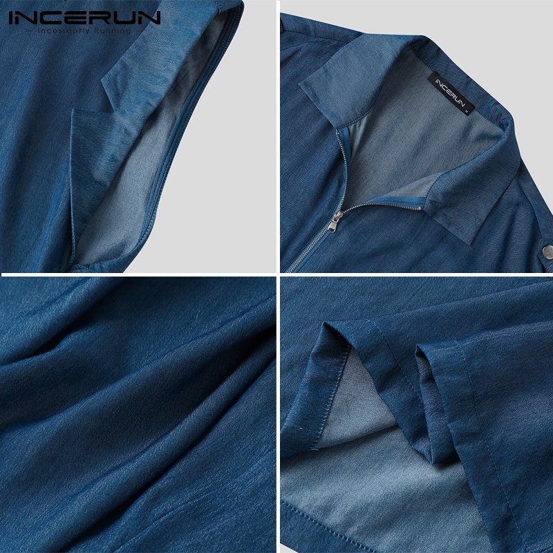 Áo sơ mi INCERUN sát nách màu trơn dáng rộng phối khóa kéo thời trang cho nam