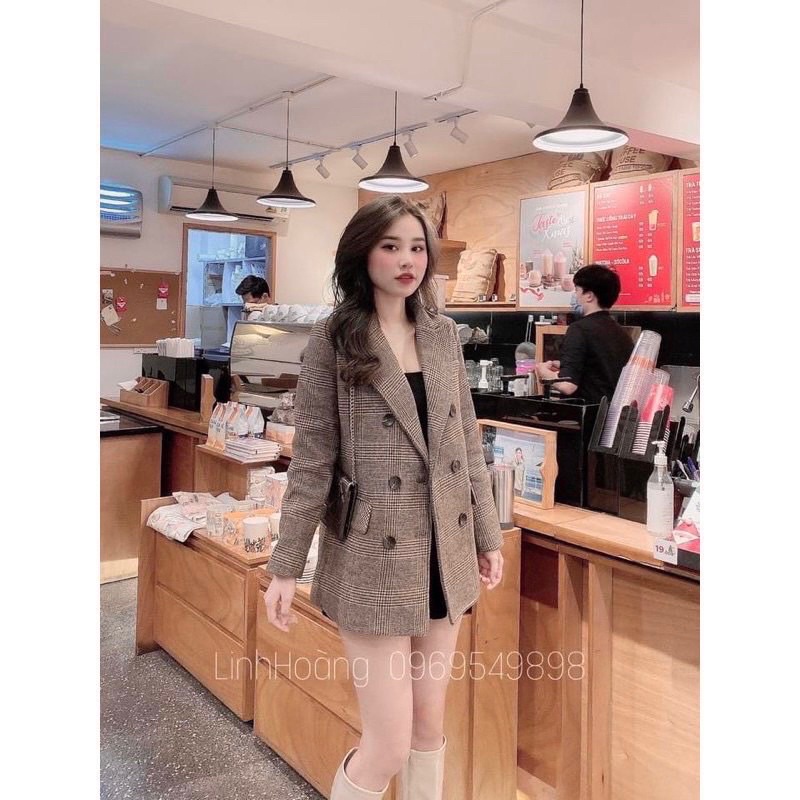 Áo Dạ Kẻ Nâu Tây, Áo Khoác Dạ Blazer Hàn Quốc (HÌNH THẬT) Hàng QC loại 1