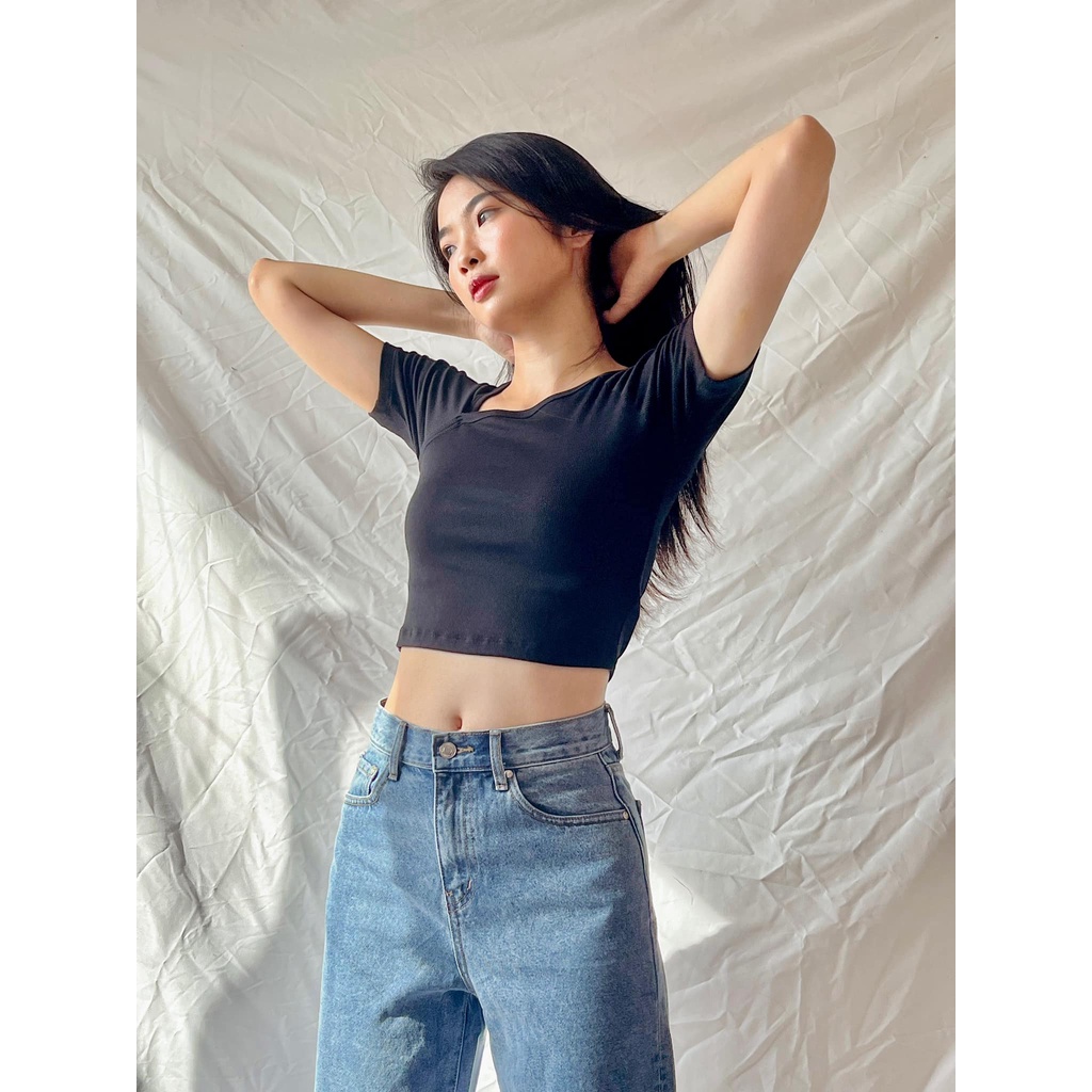 TheBlueTshirt - Áo Croptop Nữ Màu Đen - Neckline - Black Cutout Rib Cotton Top