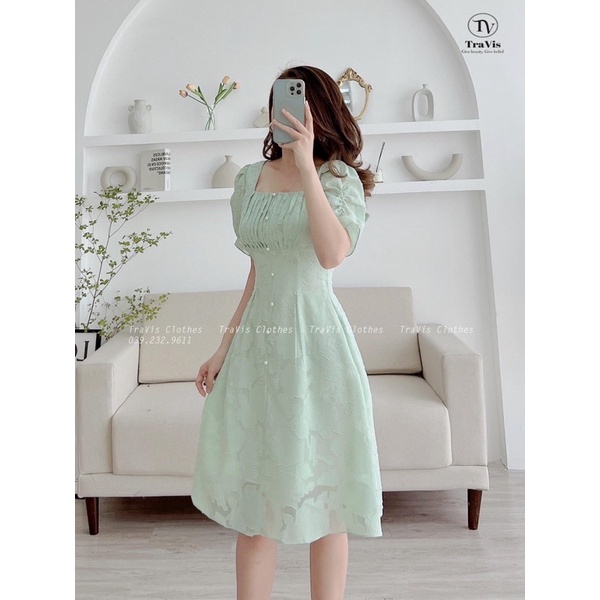 Đầm Midi Cổ Vuông Tay Bồng Nút Bọc Tiểu Thư Nữ Tính