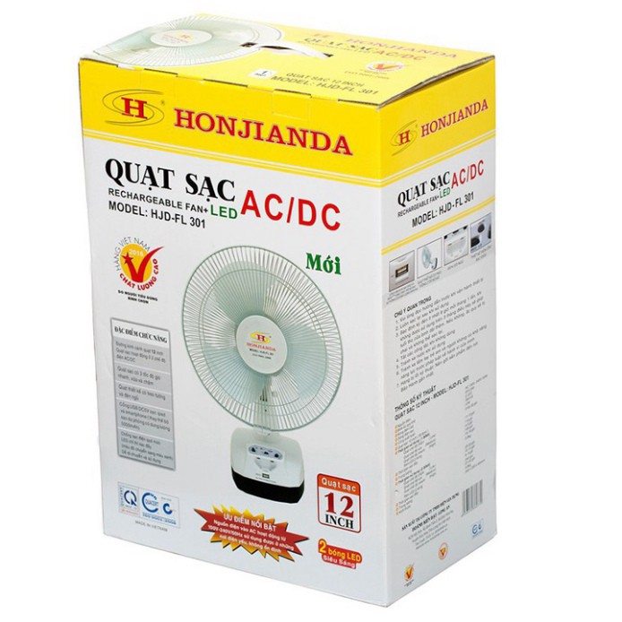 Quạt sạc tích điện Honjianda ⚡ BH 6 THÁNG ⚡ FL 301 có ổ sạc USB và đèn