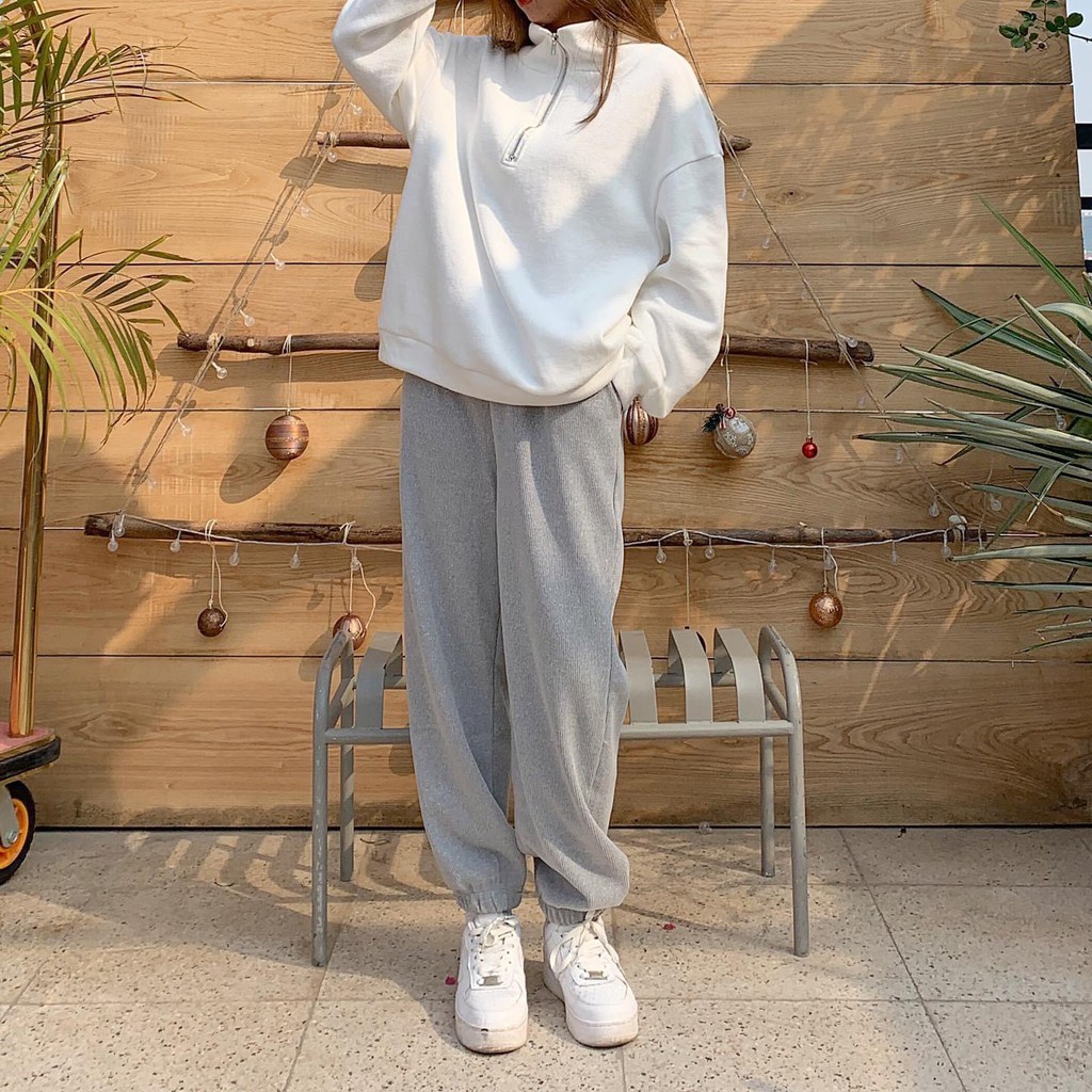 Quần jogger nữ nỉ tăm bo gấu ulzzang Hàn Quốc, Quần nữ nhung tăm form rộng dày dặn - Maoshop