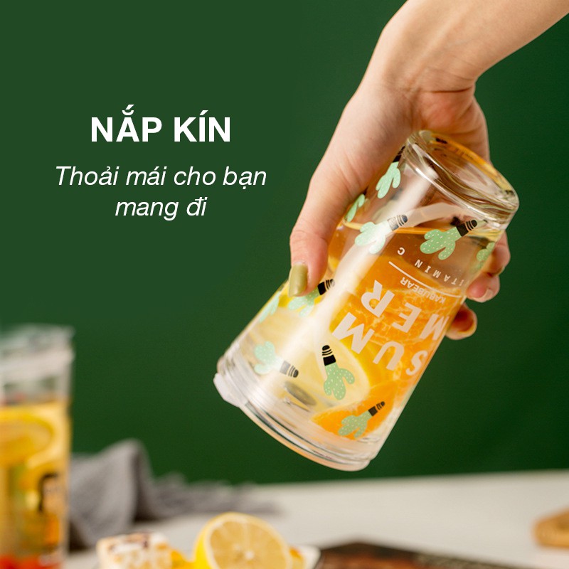 🍓TẶNG ỐNG HÚT🍓 Ly thủy tinh Cao Cấp có nắp 450ml in hình hồng hạc , snoopy | BigBuy360 - bigbuy360.vn