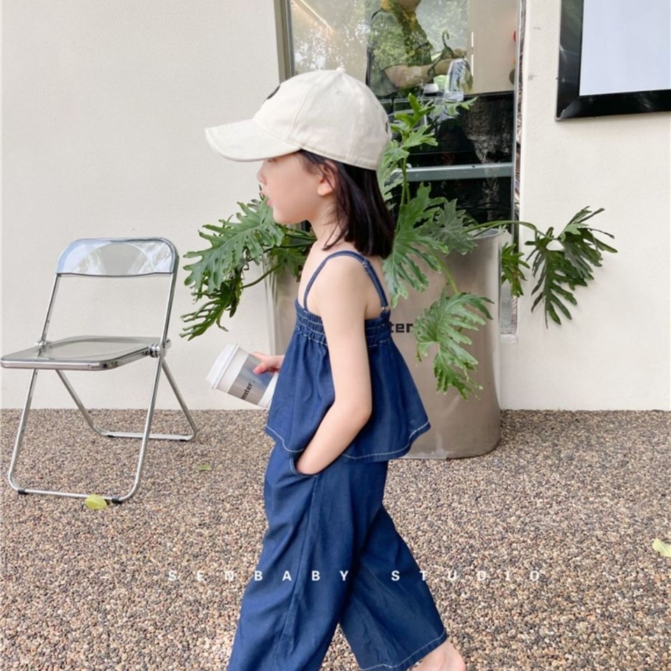 Set Áo Hai Dây + Quần Denim Ống Rộng Thời Trang Mùa Hè Cho Bé Gái