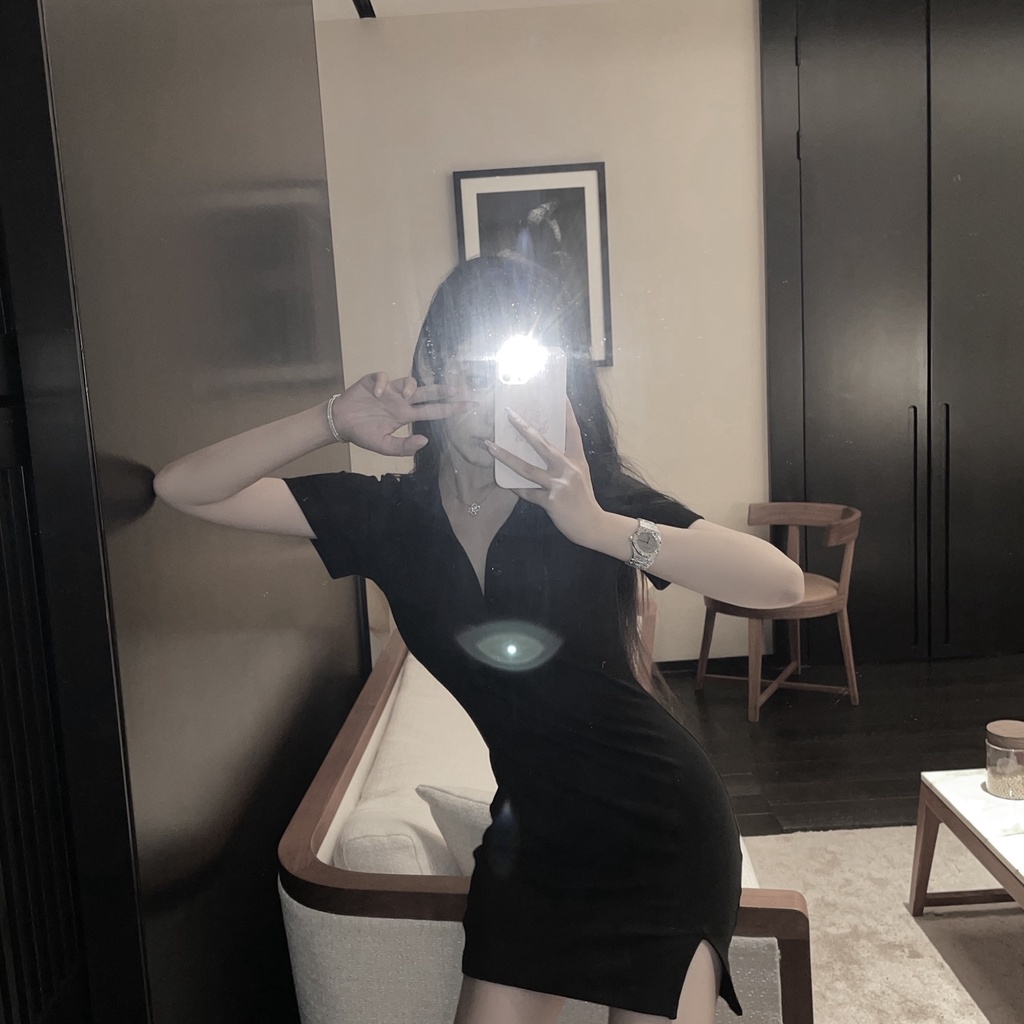 Cocory vn Đầm Tay Ngắn Màu Sắc Thanh Lịch Thiết Kế Xẻ Tà Quyến Rũ