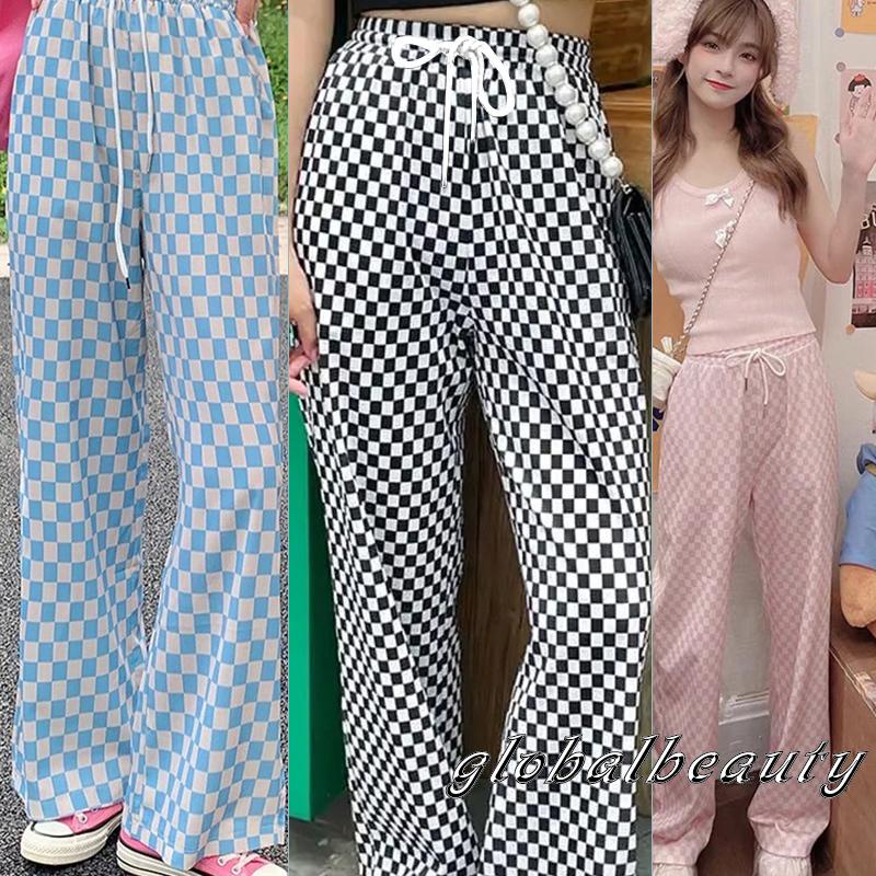 Quần Dài Ống Rộng Họa Tiết Caro Lưng Thun Co Giãn Có Thể Điều Chỉnh Thời Trang Mùa Xuân Cho Nữ 00GB
