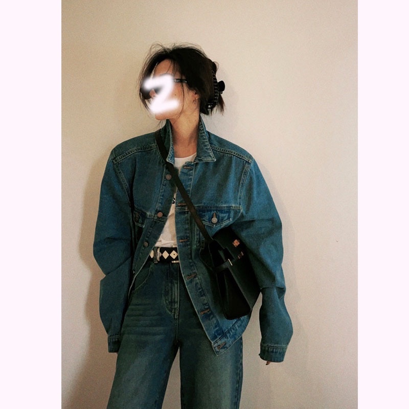 Áo khoác jean nữ xanh Vintage Ánh Rêu form rộng unisex nam nữ có 6 túi , có túi trong cao cấp