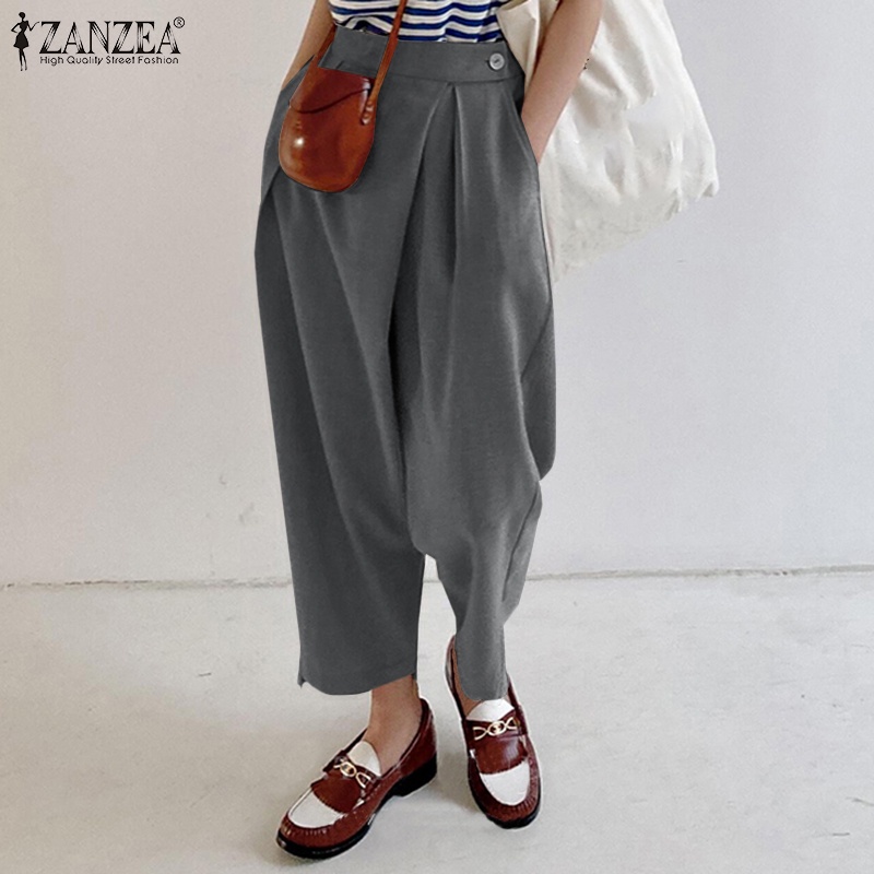 Quần ống rộng ZANZEA lưng thun có dây kéo thời trang cho nữ