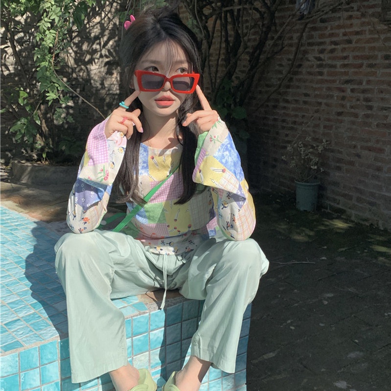 Áo Thun Tay Dài Dáng Rộng In Họa Tiết Phối Màu Thời Trang Mùa Hè Xinh Xắn Cho Nữ