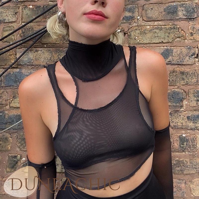 DUNEA Áo Tank Top Nữ Tay Ngắn Phối Lưới Xuyên Thấu Thời Trang