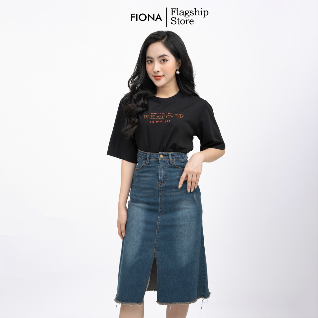 Chân váy bò nữ dáng A, chân váy Jeans dáng dài xẻ trước, túi ốp thân sau FIONA B242007