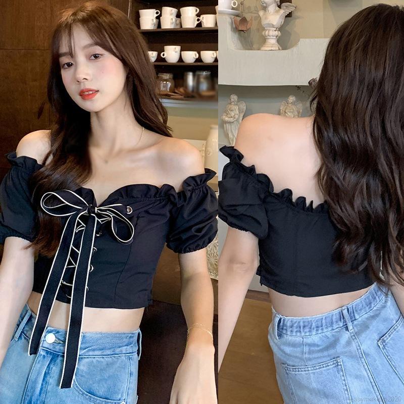 Áo Croptop Trễ Vai Tay Phồng Ngắn Đính Nơ Ngọt Ngào Cho Nữ