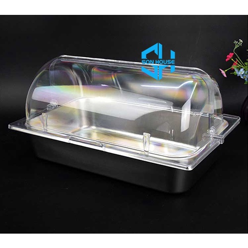 Khay inox hình chữ nhật đựng rau củ, hải sản tươi sống, đồ ăn nấu chín có nắp đậy kín trong suốt cho nhà hàng siêu thị