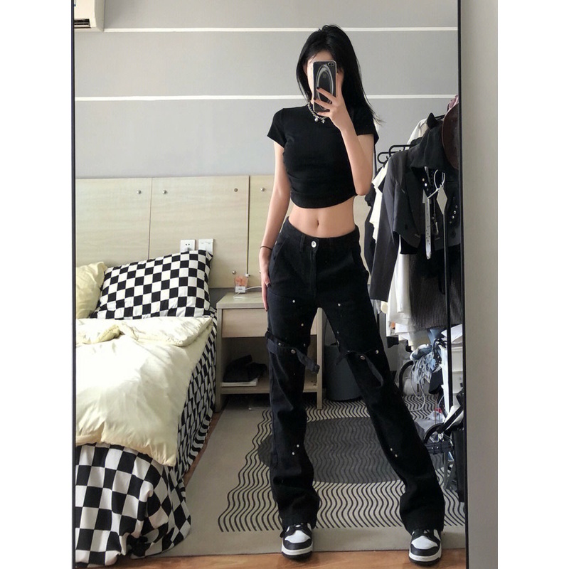 Quần Denim Ống Đứng Cột Dây Lưng Thấp Màu Đen Phong Cách Đường Phố Mỹ Thời Trang Cho Nữ