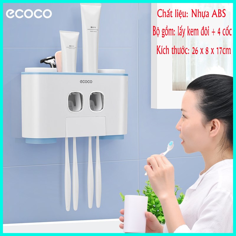 Kệ 2 nặn kem đánh răng kèm 4 cốc siêu dính Ecoco, hàng cao cấp