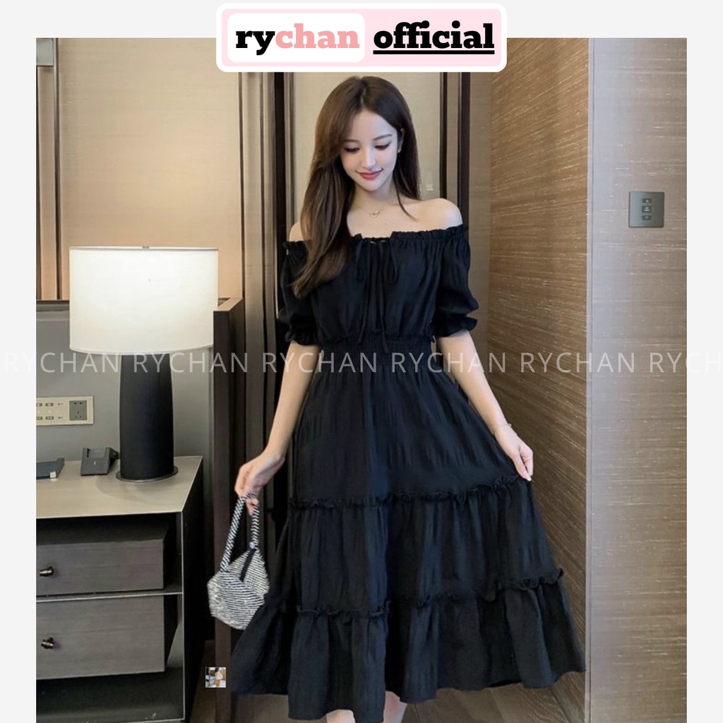 Đầm Xòe Midi Đen Trễ Vai Thắt Nơ Ngực - DX0052