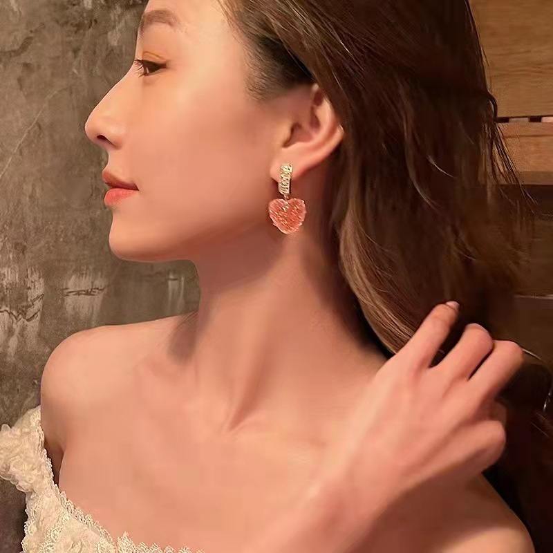 Bông Tai Bạc 2022 Hình Trái Tim Đính Đá Zircon Màu Hồng Ngọt Ngào Sáng Tạo