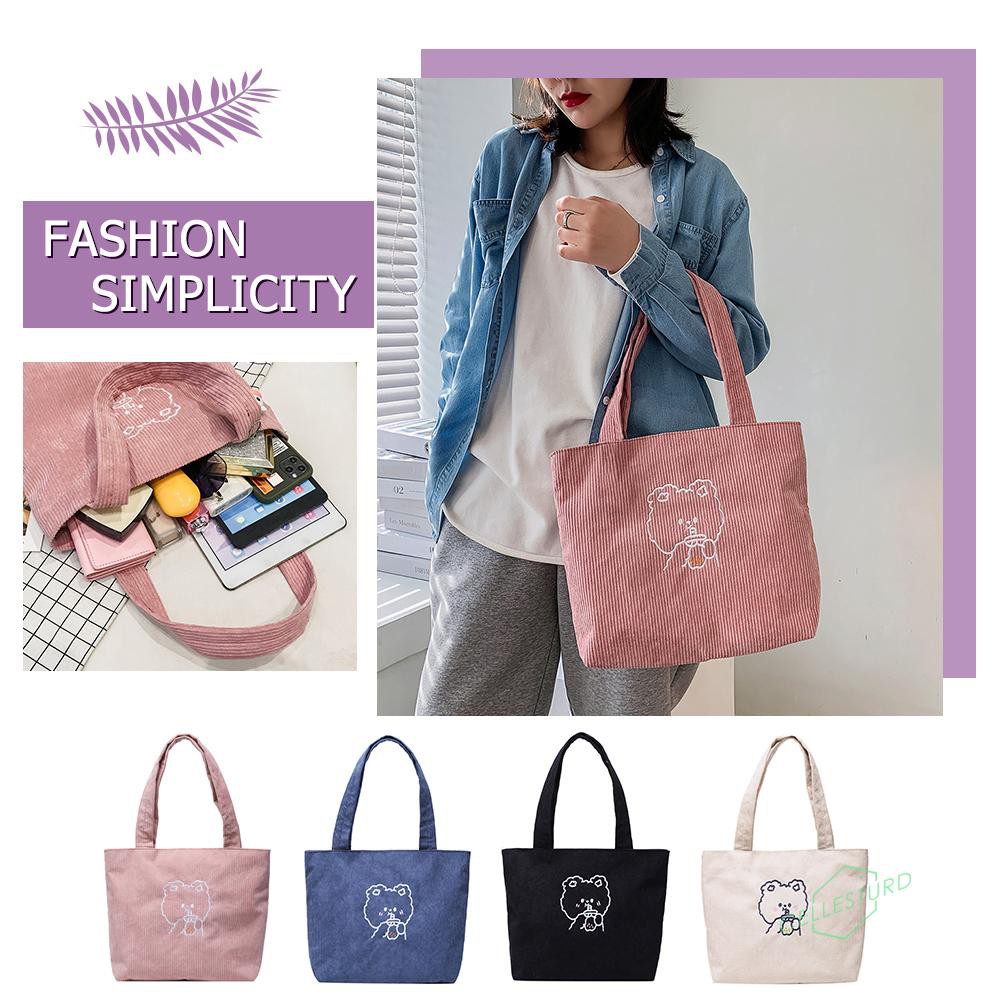Túi tote vải corduroy in họa tiết chú gấu xinh xắn cho nữ