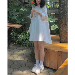 Váy sơ mi cổ đức oversize, váy sơ mi basic trên gối cổ đức Bazic one