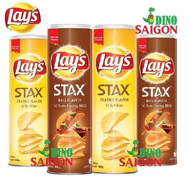 Combo 4 Hộp Bánh Snack Khoai Tây Lay's Stax Malaysia 160g gồm 2 vị Tự nhiên và 2 vị Sườn nướng BBQ